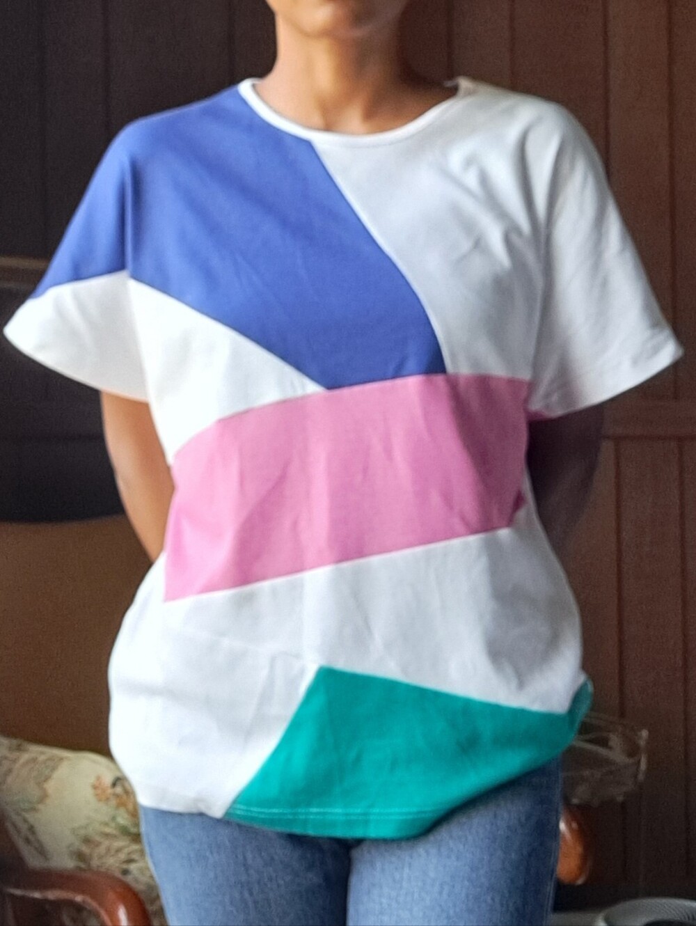 Colorblock Short Sleeve Women's Tee - White with Blue, Pink & Teal